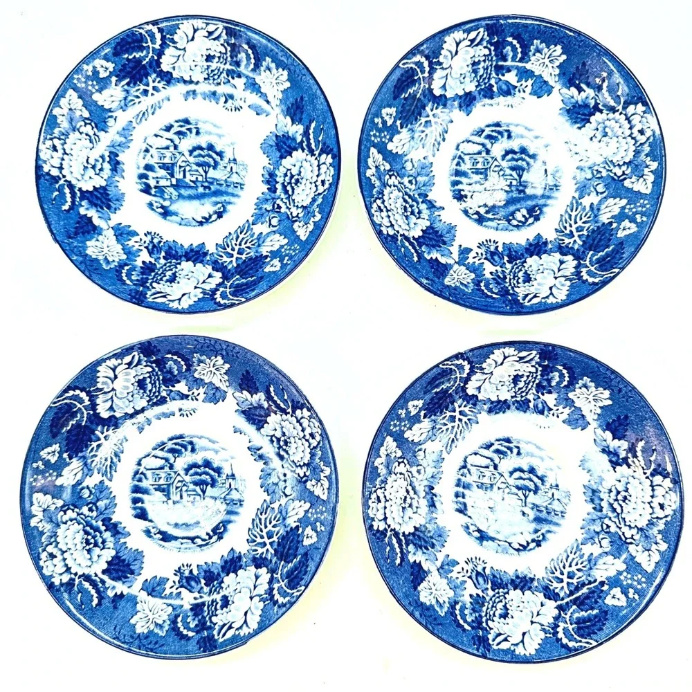 Vintage Wood & Sons English Scenery Blue White Saucers Set of 4 Transferware